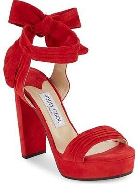 JIMMY CHOO Kaytrin 120 Soft Suede Ankle Tie Platform Red Sandals Heels 38.5